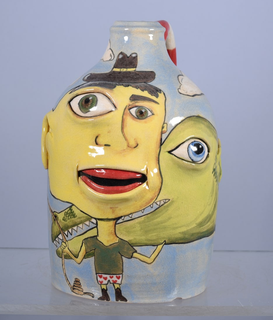 Stacy Lambert Folk Pottery with Nadine Lambert: jug turned by Stacy Lambert, face applied by Nadine Lambert. Signed on bottom and dated.