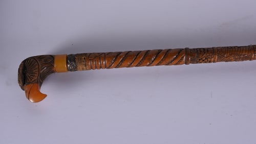 Folk Art Carved Cane w/ Bakelite