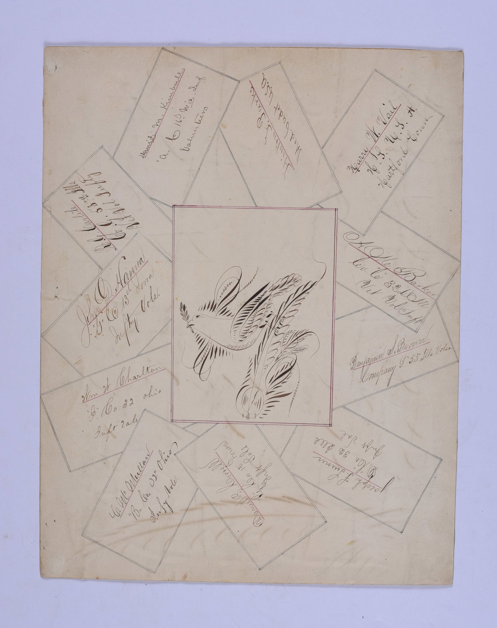 Civil War Soldier Folk Art Drawing: Unusual soldier’s folk art, with nice ink peace dove at center surrounded by autographs of various Union soldiers, 8”x10” on card stock, includes: Charles McMullan, 32nd Ohio, William Ch