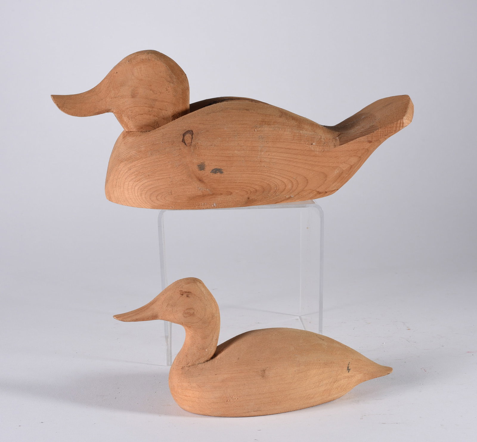 Waterfield Family Carved Decoy: 11" and 7" wood carved decoy, original paint. From the collection of Quincy Scarborough