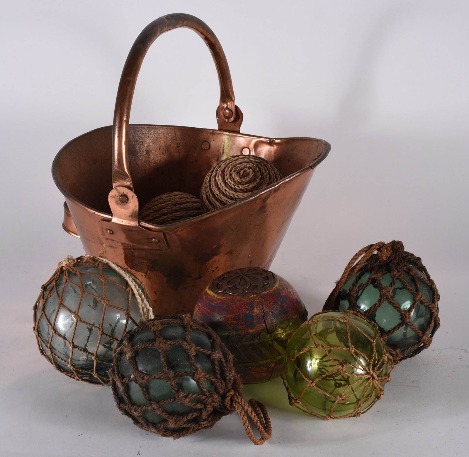 Copper Bucket and Glass Balls: 16" x 14" from the collection of Dr. Richard Seed.
