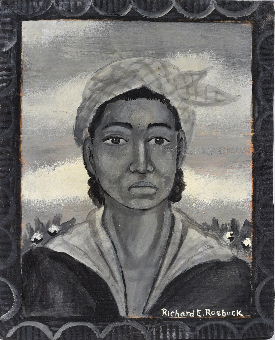 Richard Roebuck Folk Art Painting: 9"x11" paint on wood board, signed. African American, Georgia.
