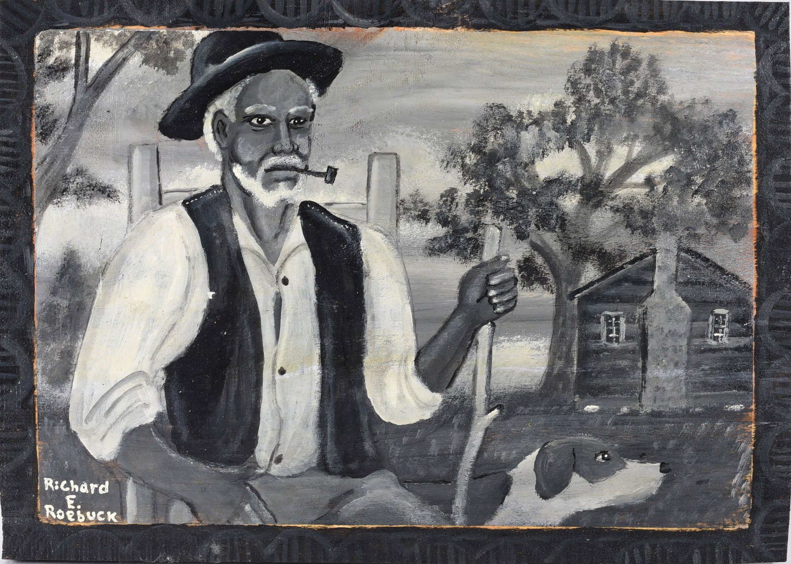 Richard Roebuck Folk Art Painting: 15"x11" paint on wood board, signed. African American, Georgia.