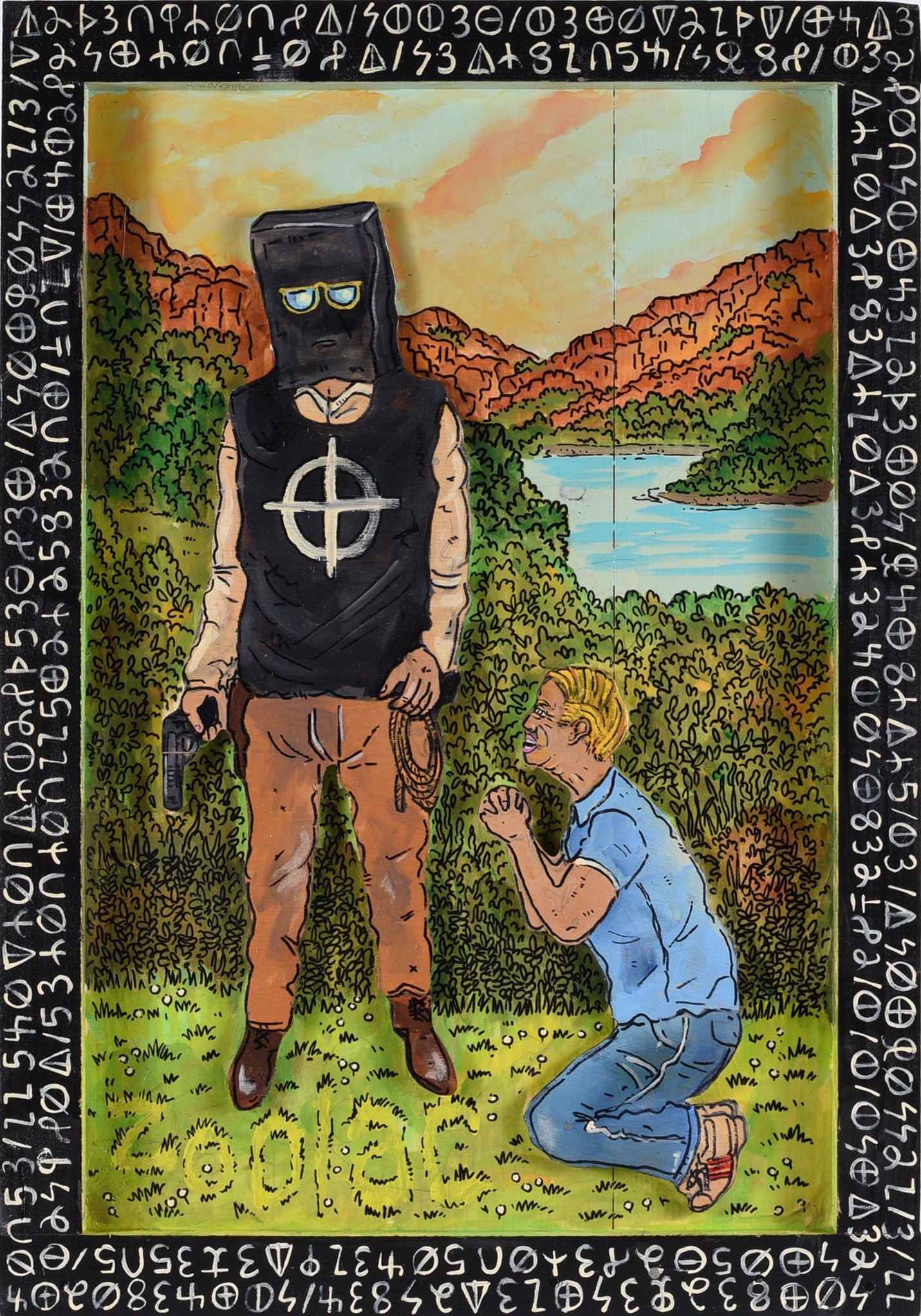 Eric Cunningham Folk Art Painting: 17"x24" painting on wood by Eric Cunningham. Signed.
