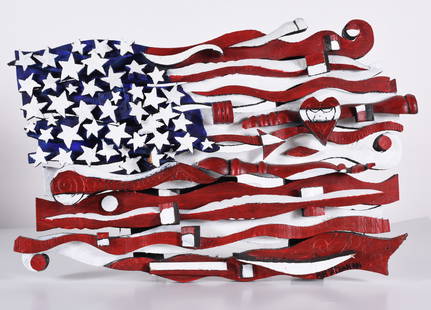 Roger Ivens "Ab The Flagman" (1964 - 2022): 20"x14" Folk art wood cut and painted flag from Ab The Flagman. Signed. Ab created art for over 35 years and has work in major galleries and museums around the USA.