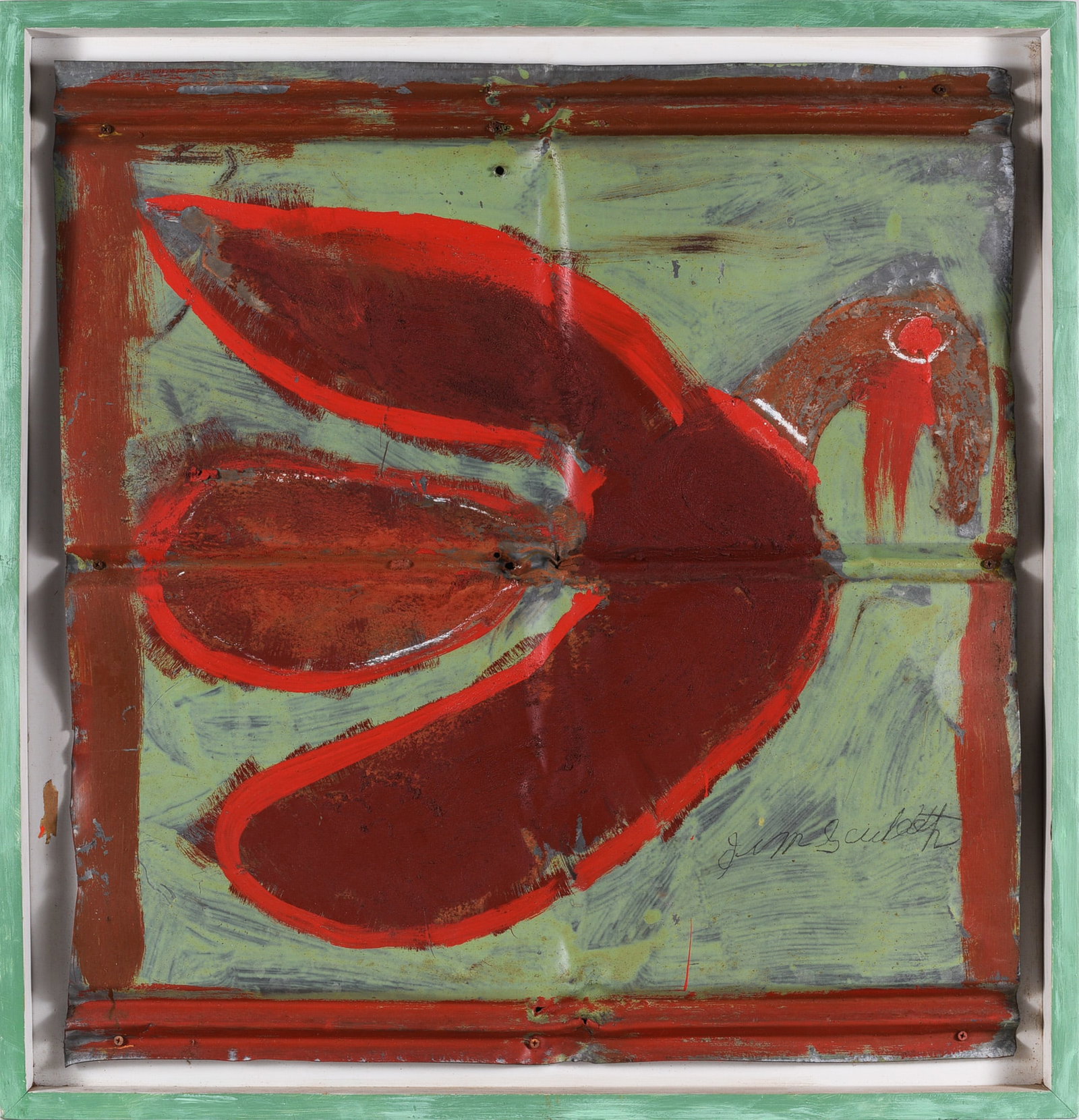 Jimmy Lee Sudduth (1910 - 2007): Framed to 28"x29" paint on roof tin. Signed lower right. Attached to later built frame, but a great frame for this piece. Ready to hang.