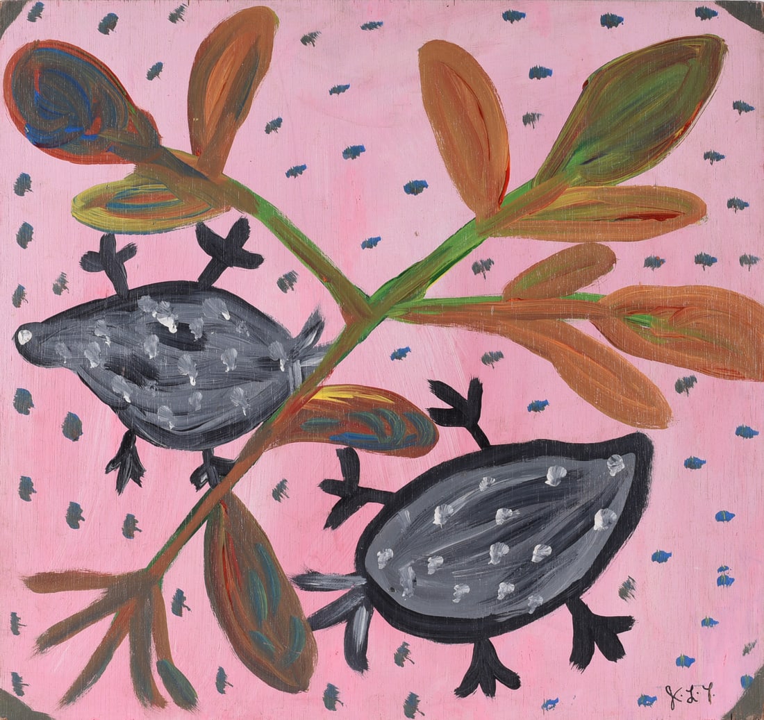 Johnny Lee Tolliver: 20-1/2"x19" paint on wood board, signed. Titled on back. Wild Wild Turtles in Flower Bed.