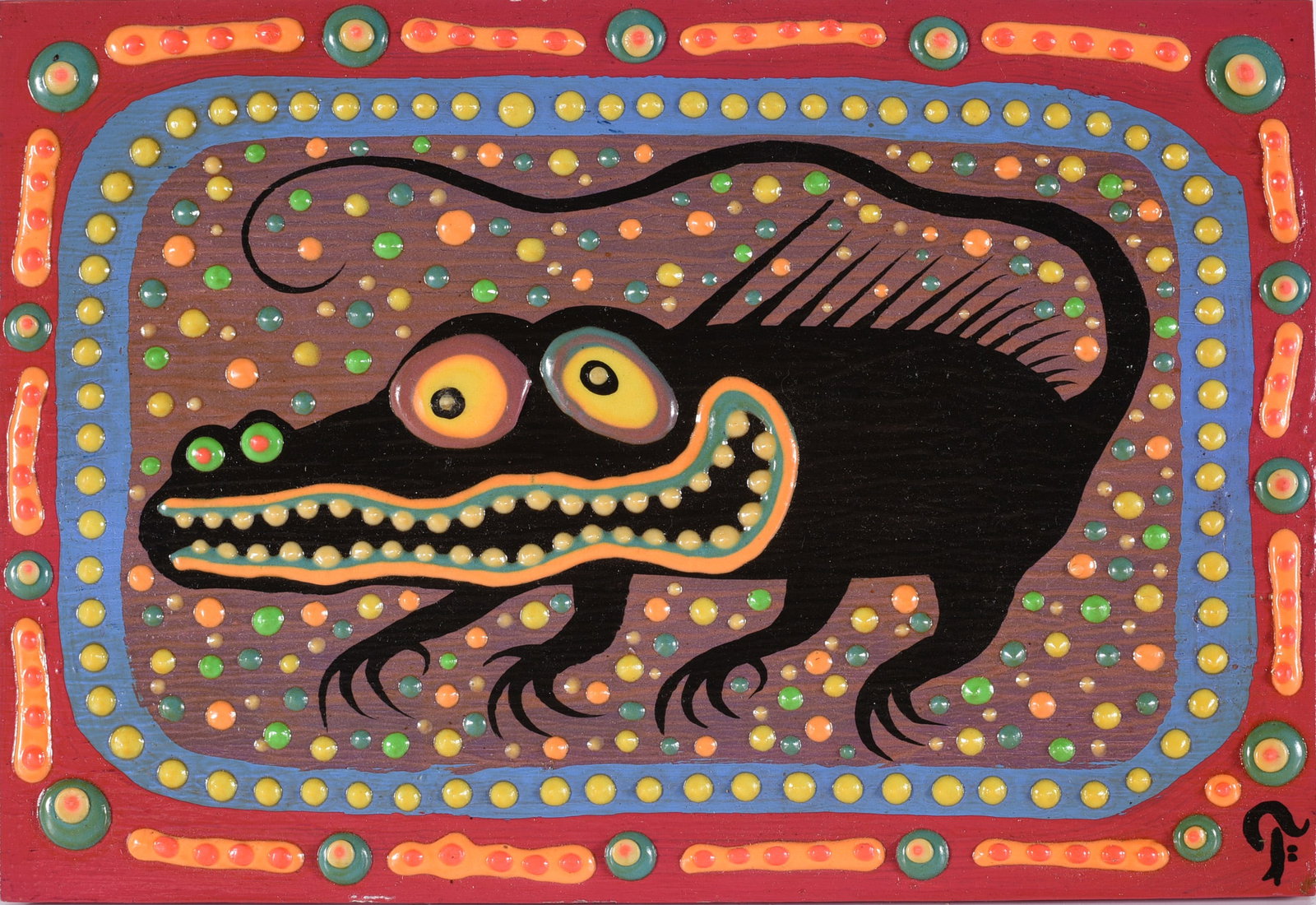 Glenn Fox Folk Art Painting: 12"x8" heavy paint on wood board, signed on back.