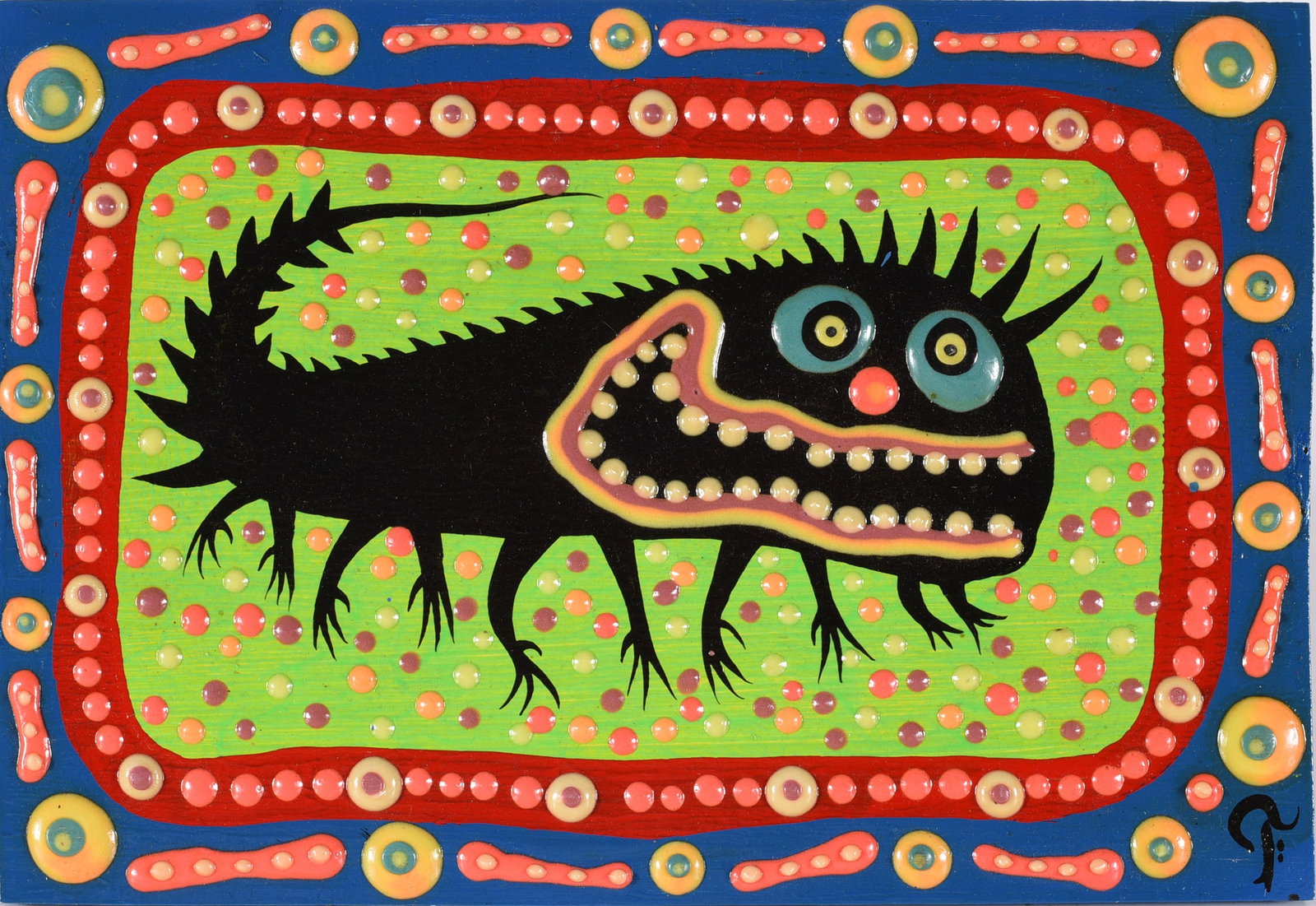 Glenn Fox Folk Art Painting: 12"x8" heavy paint on wood board, signed on back.