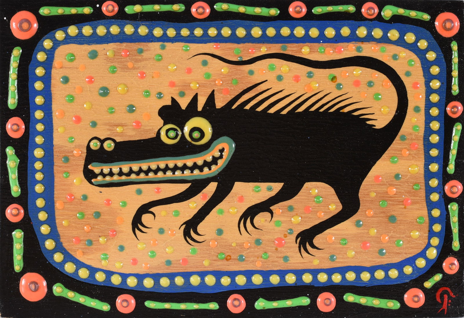 Glenn Fox Folk Art Painting: 12"x8" heavy paint on wood board, signed on back.