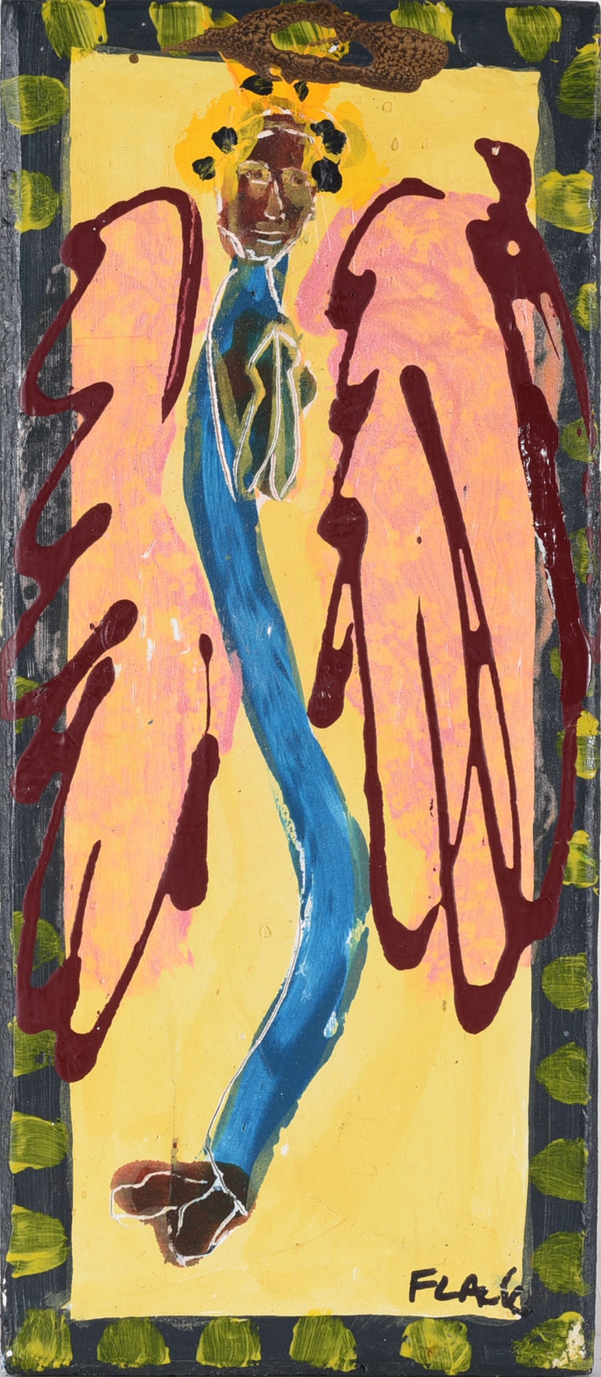Paul Flack Folk Art Painting: 5"x12" paint on wood board, signed lower left.