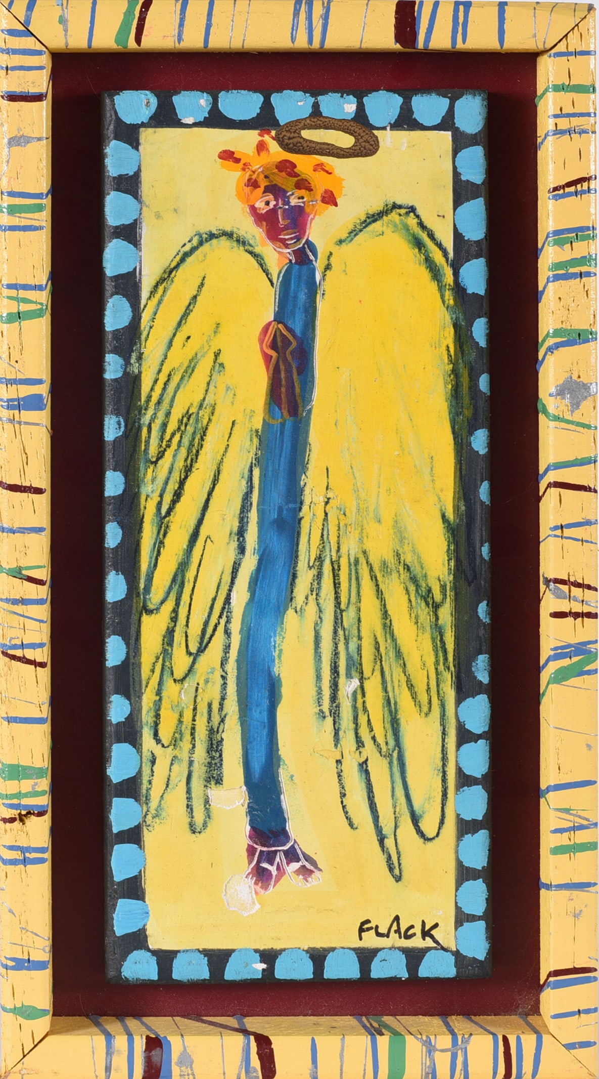 Paul Flack Folk Art Painting: 8"x14" paint on wood board, signed lower left.