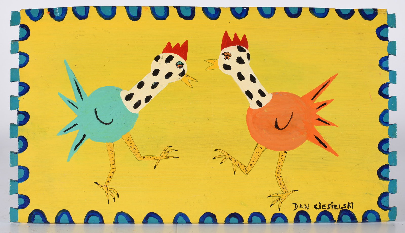 Dan Ciesielski Folk Painting: 14"x8" paint on wood board, signed lower right.