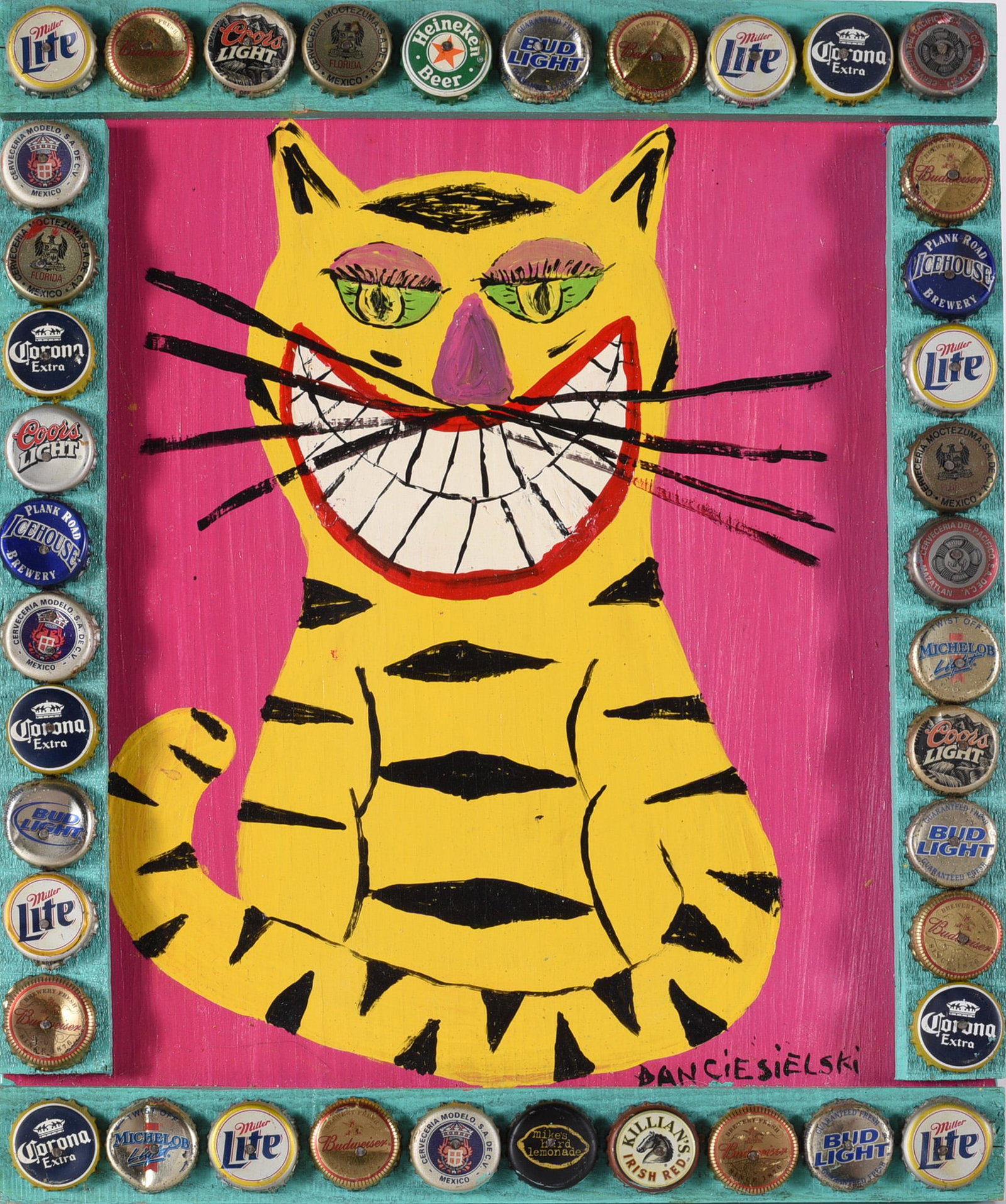 Dan Ciesielski Folk Painting: 12"x14-1/2" paint on wood board, signed lower right. Framed by artist and frame decorated with bottle caps.