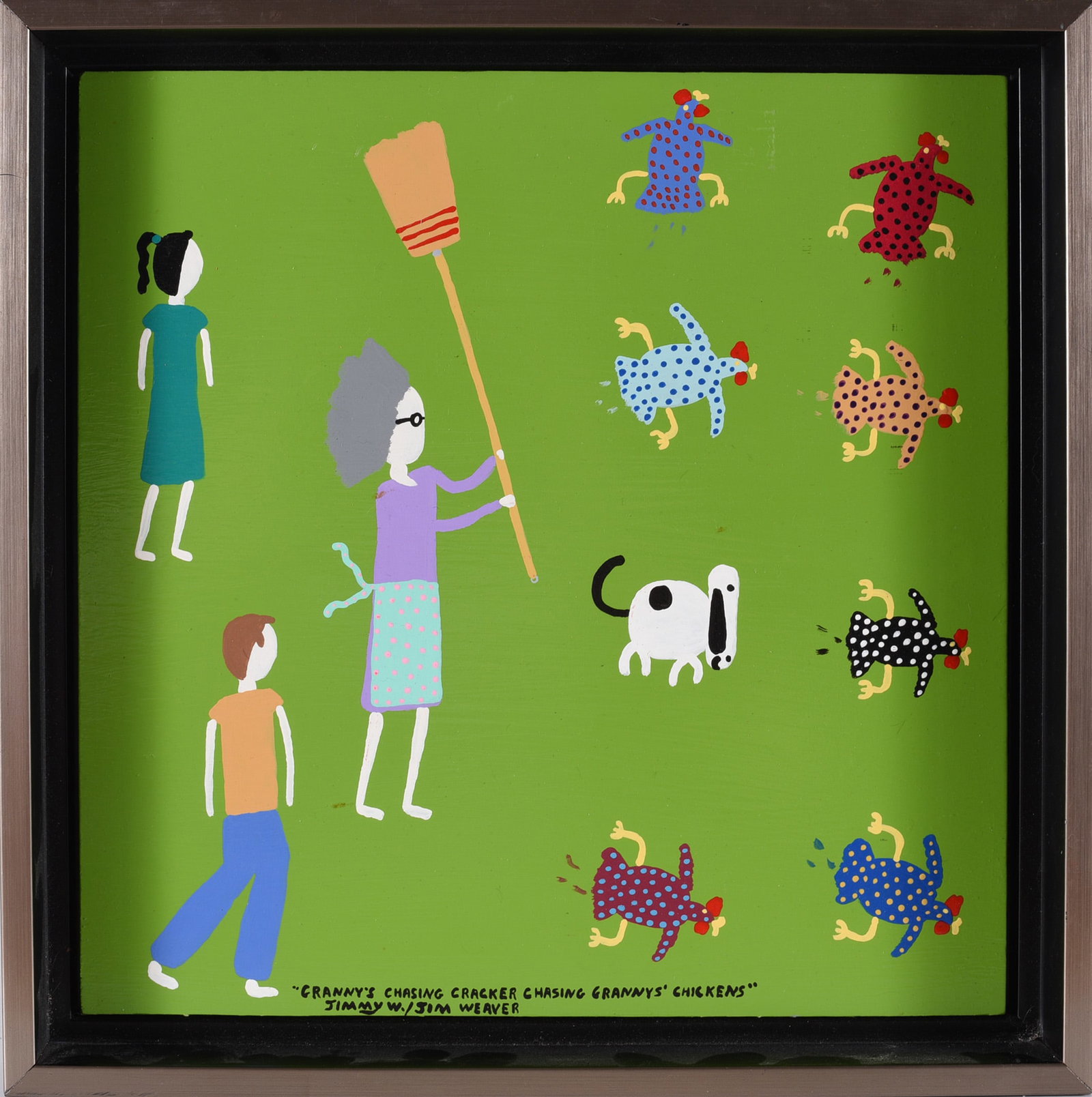Jim Weaver Folk Painting: 13"x13" paint on wood board, signed bottom. Framed.