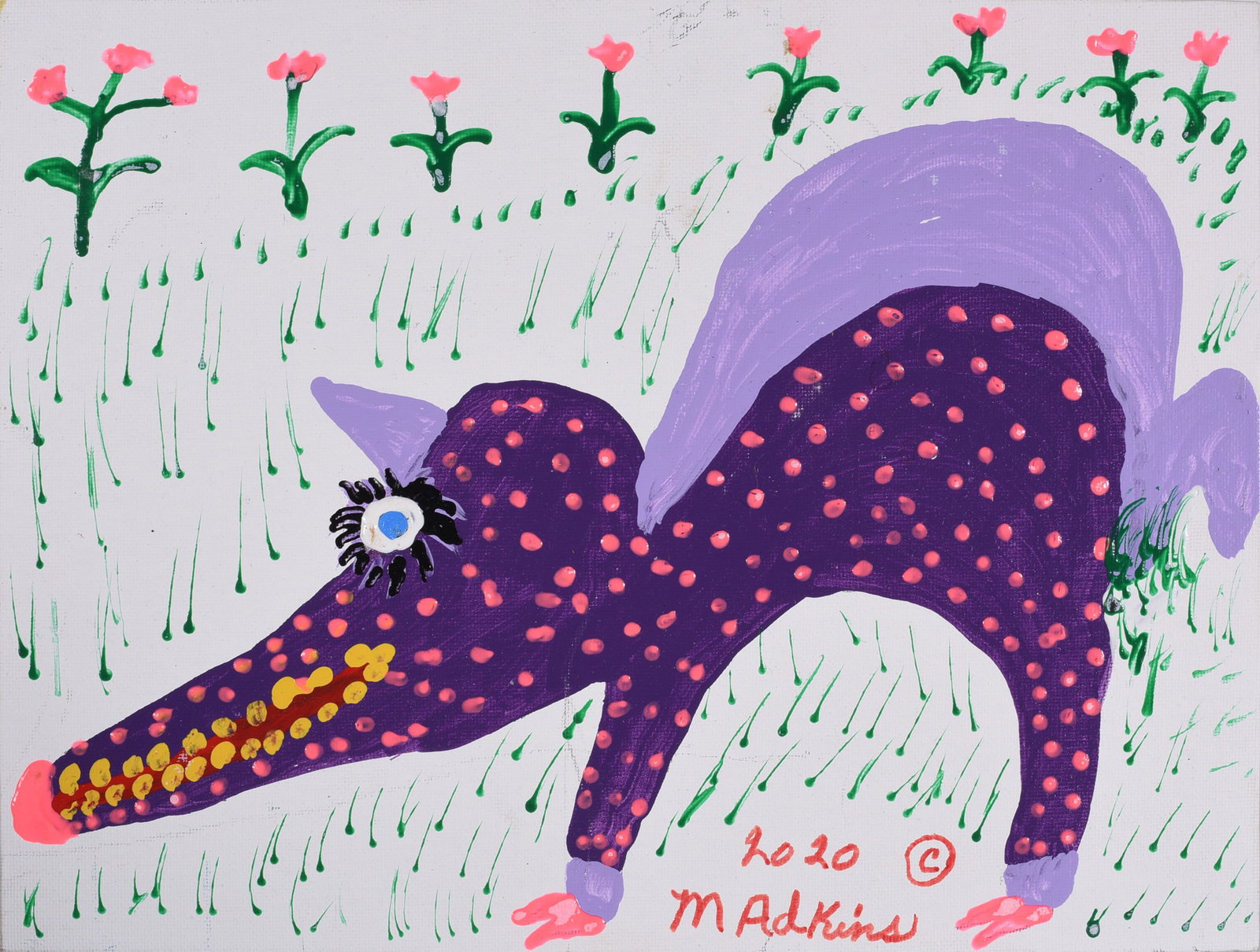 Minnie Adkins Folk Art Painting: 12"x9" paint on artist board, signed.