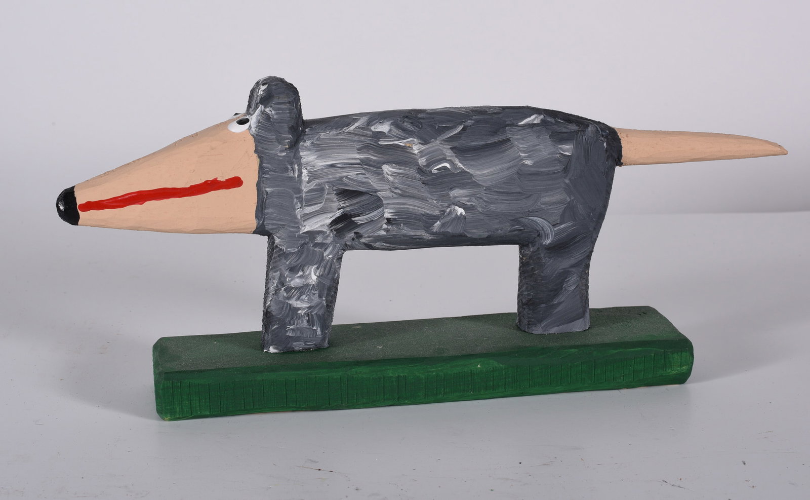 Minnie Adkins Carved Animal on Base: 10"x5" carved wood and paint. Signed.