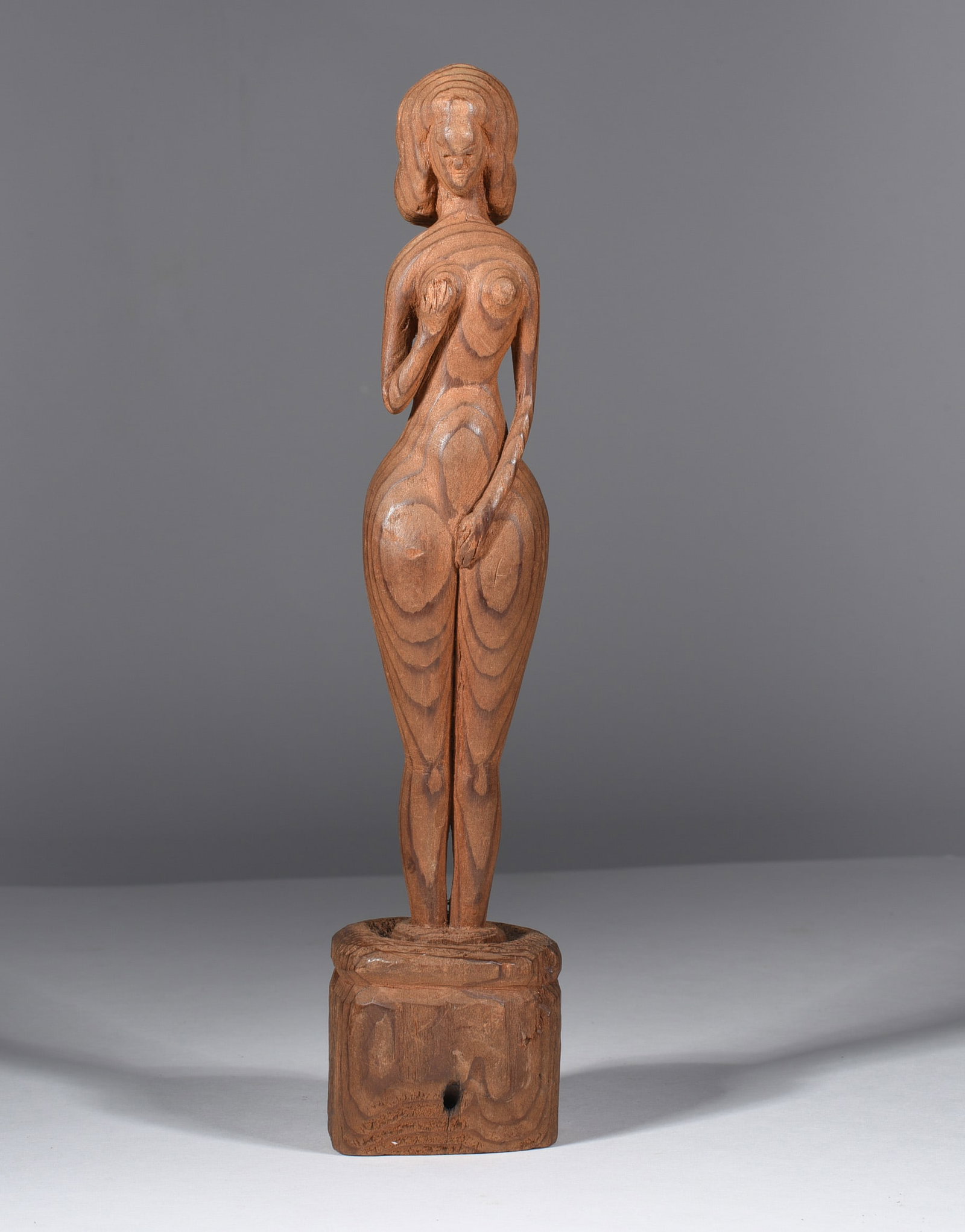 American Wood Carved Sculpture: 9" carved wood, ca. 1920 - 1940. from the collection of Larry Hackley.