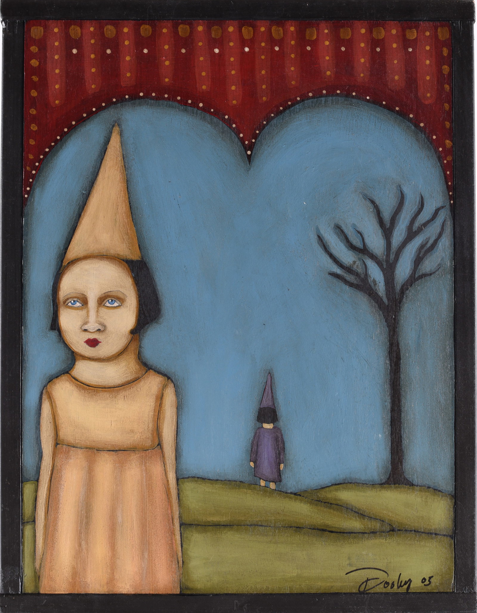 Folk Art painting Sherry Dooley: 13"x17" paint on wood board, framed. Signed lower right, dated 2005