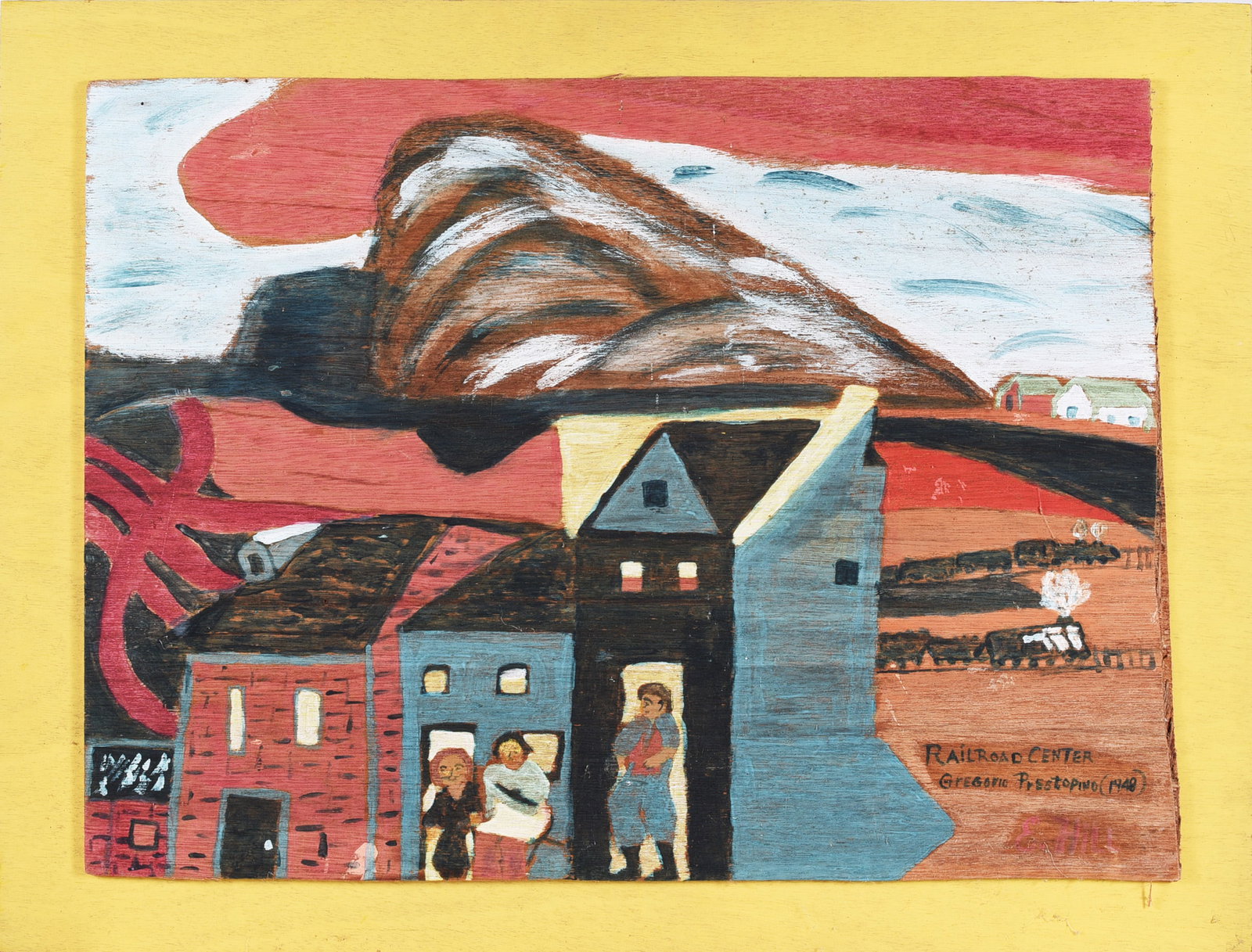 Eugene Hill Folk Art Painting: 31"x23" paint on wood board mounted to frame by the artist. Signed.