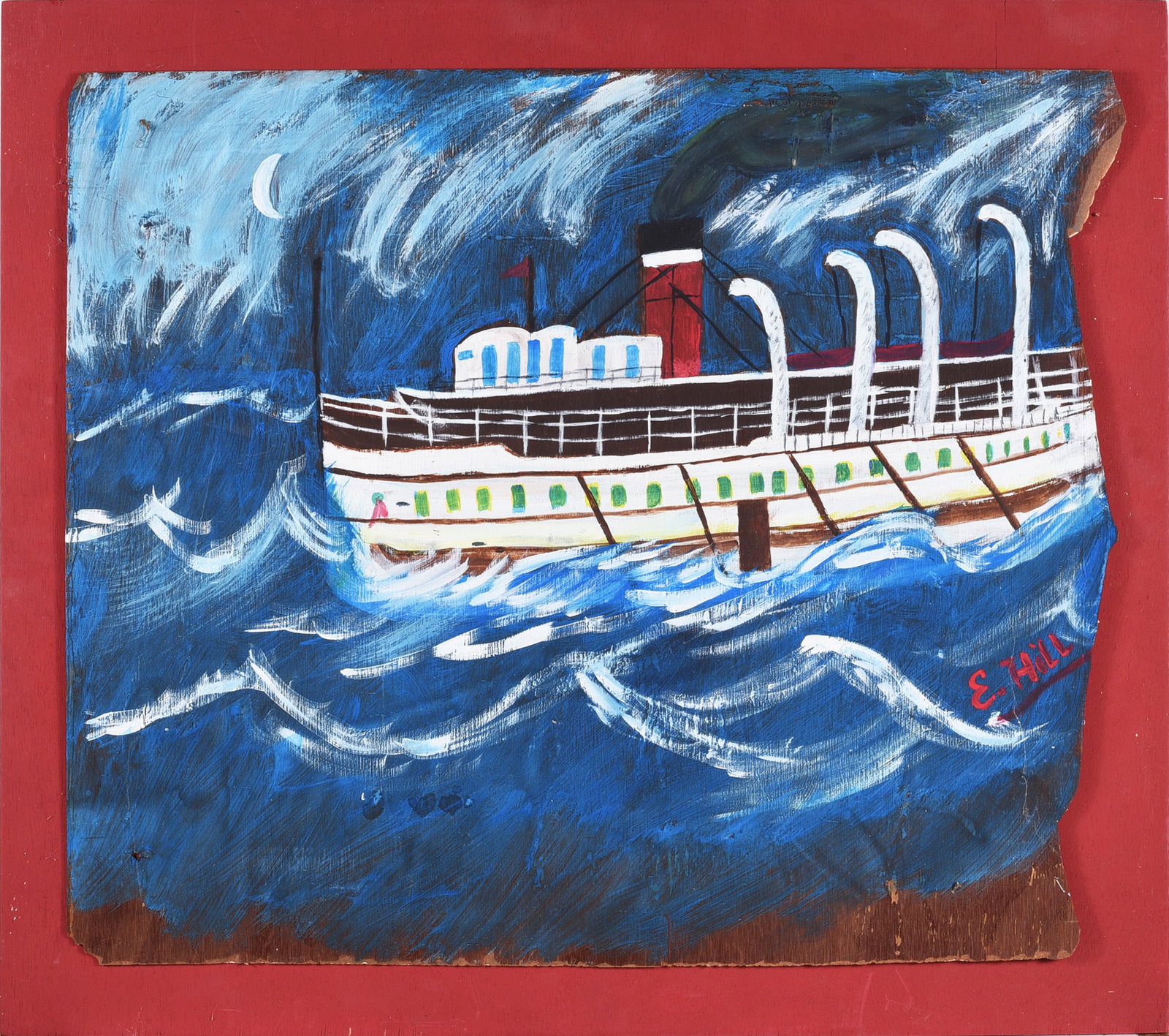 Eugene Hill Folk Art Painting: 27-1/2"x31" paint on wood board mounted to frame by the artist. Signed.