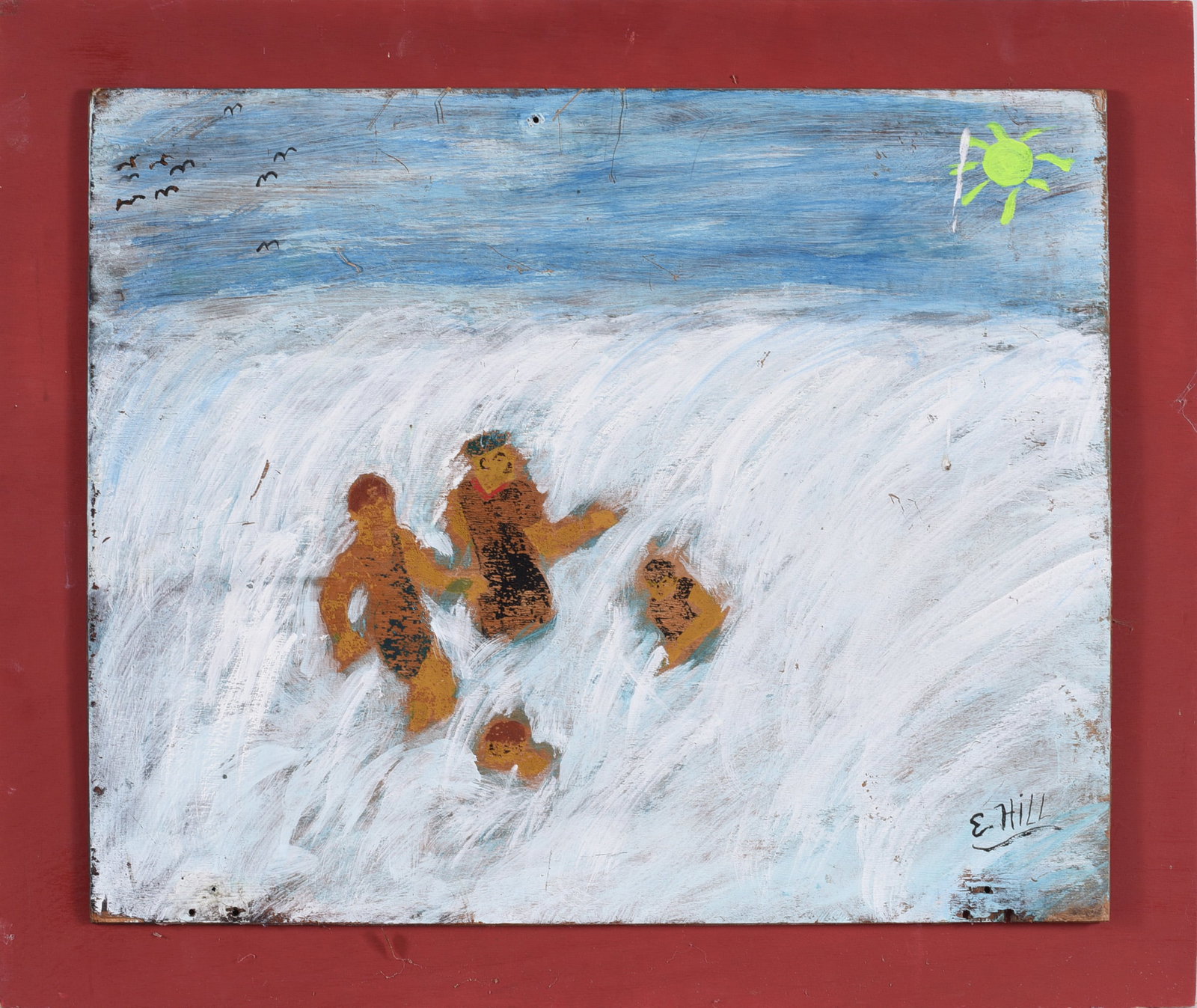 Eugene Hill Folk Art Painting: 27"x22" paint on wood board mounted to frame by the artist. Signed.