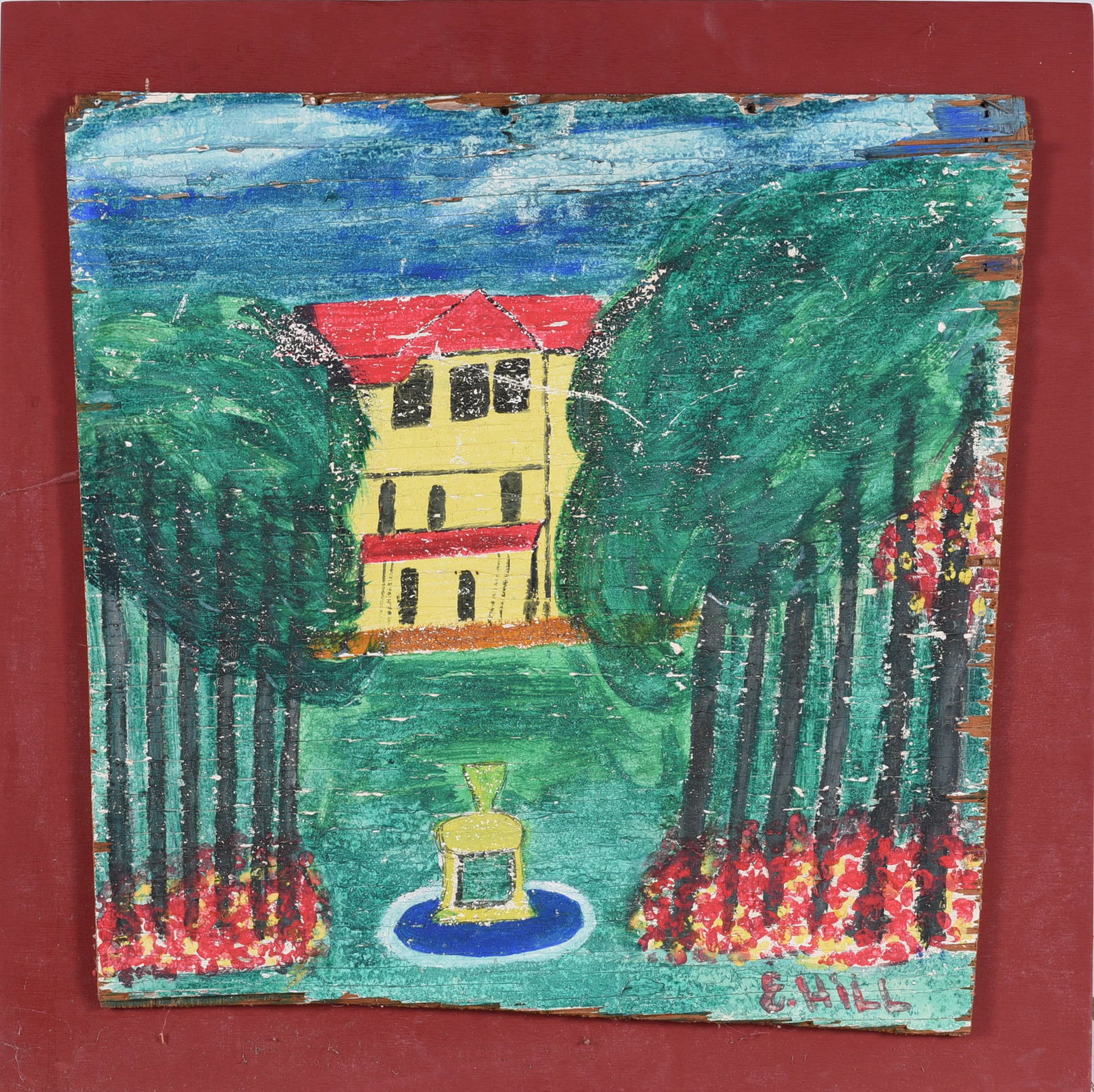 Eugene Hill Folk Art Painting: 24"x24" paint on wood board mounted to frame by the artist. Signed.