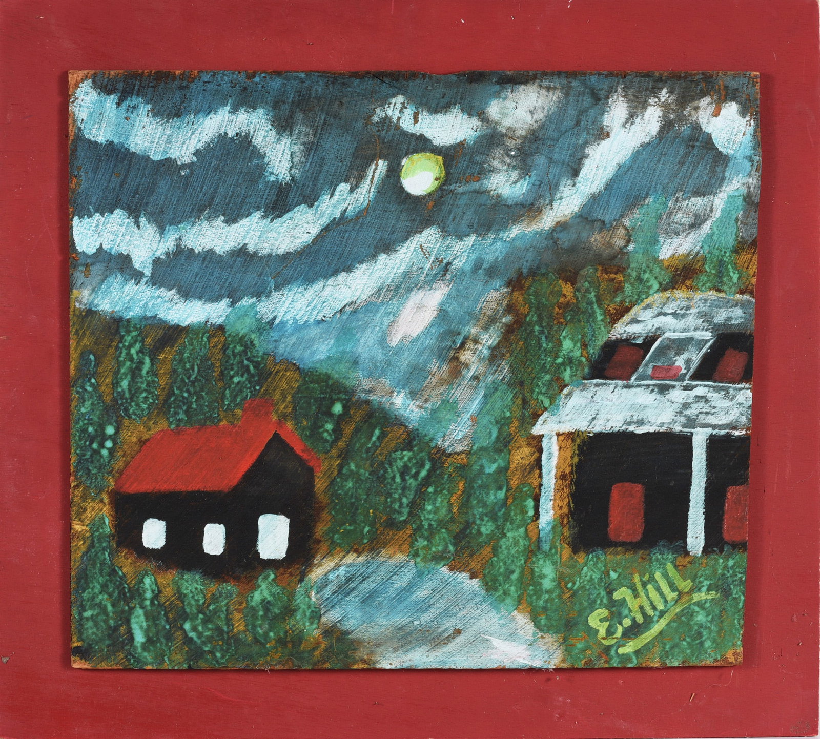 Eugene Hill Folk Art Painting: 20"x18" paint on wood board mounted to frame by the artist. Signed.