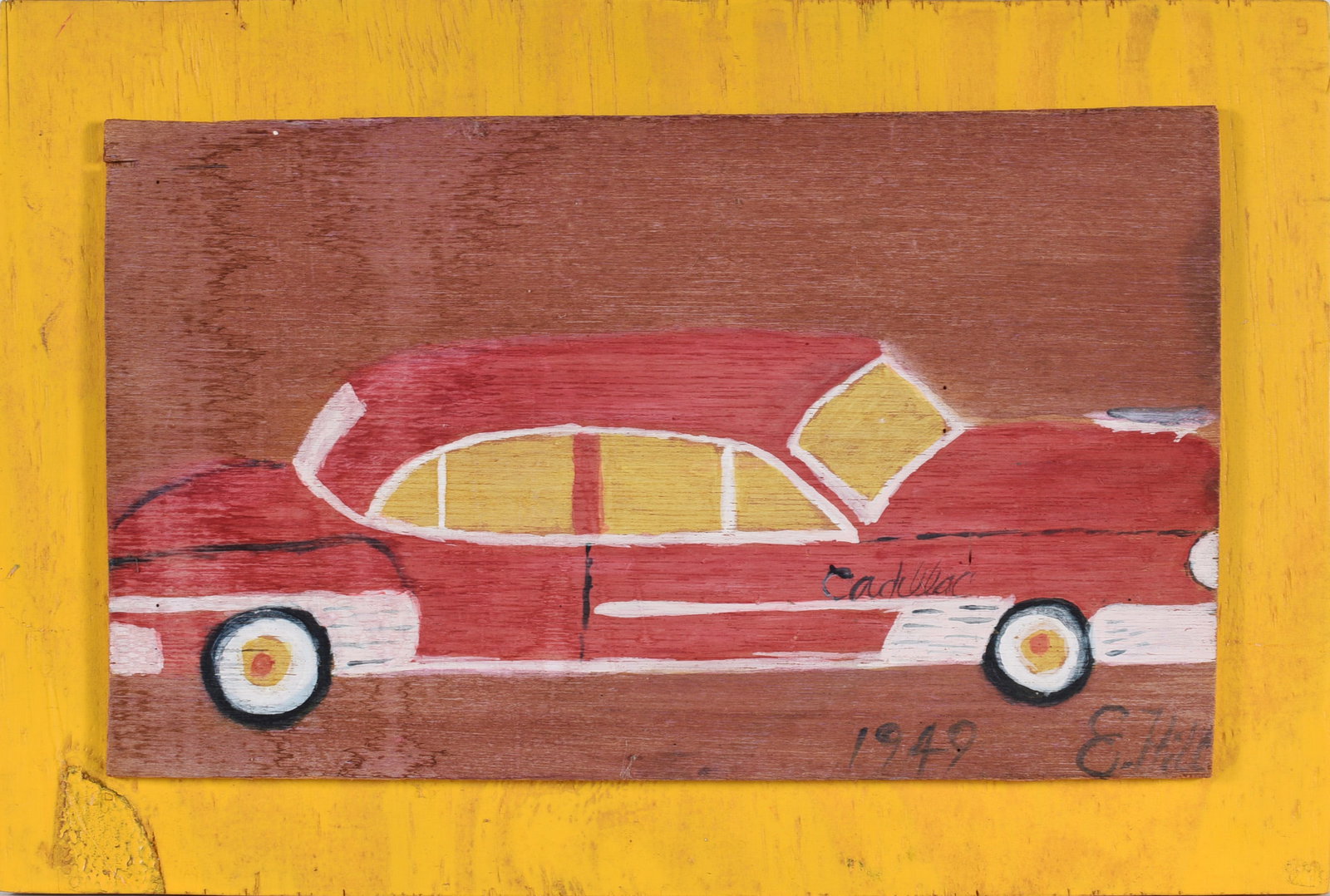Eugene Hill Folk Art Painting: 17"x11-1/2" paint on wood board mounted to frame by the artist. Signed.