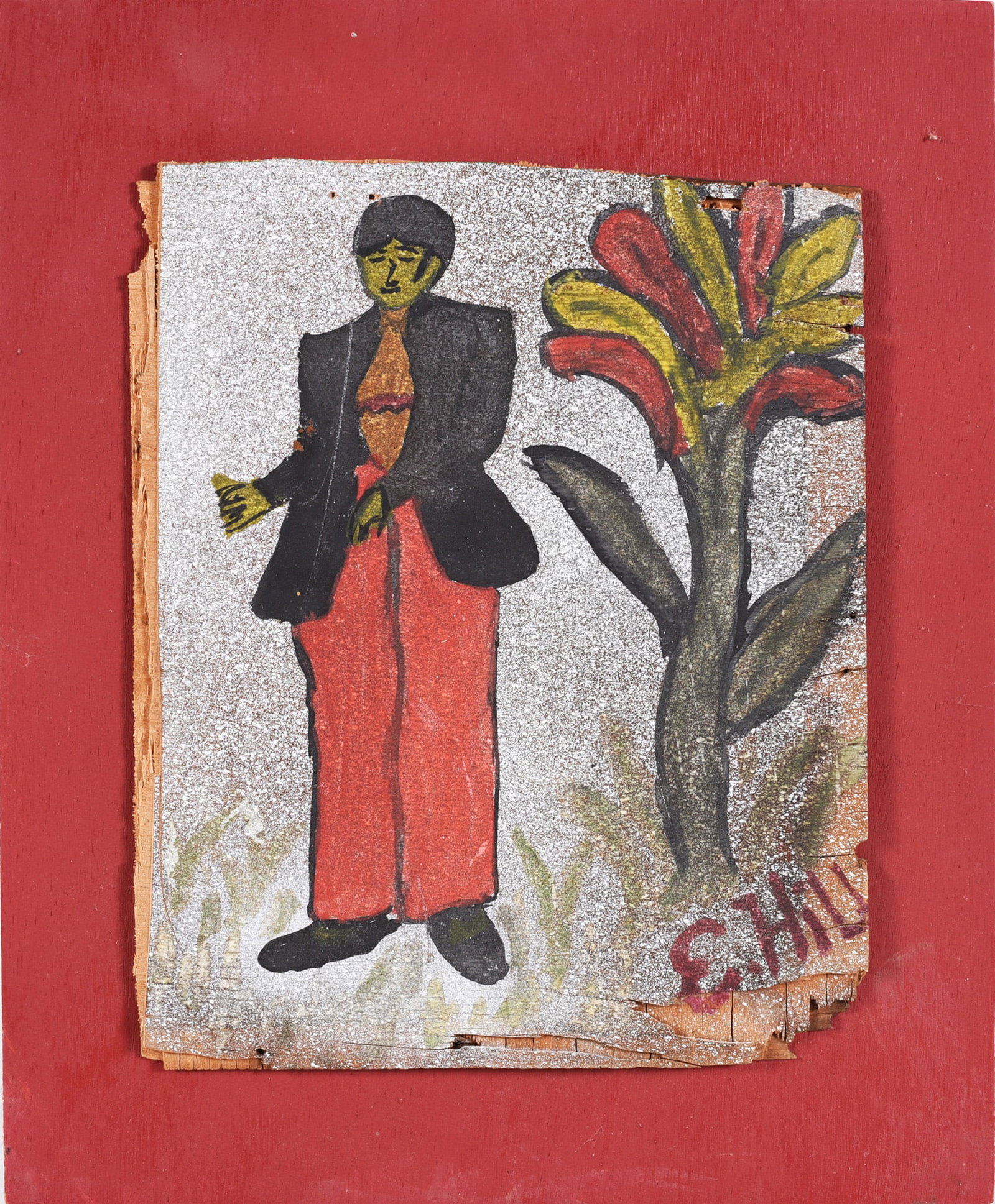 Eugene Hill Folk Art Painting: 10-1/2"x12" paint on wood board mounted to frame by the artist. Signed.