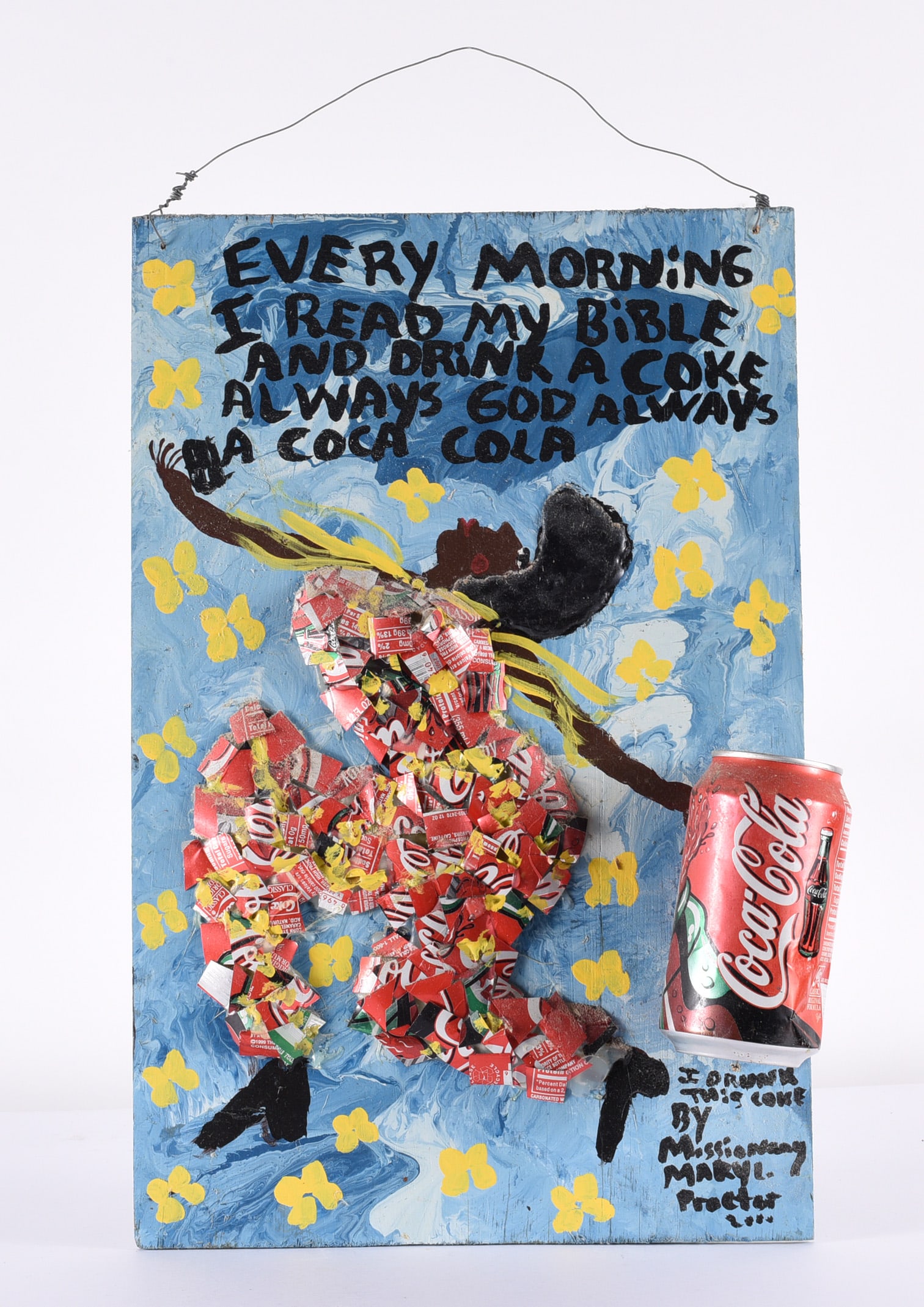 Mary Proctor Folk Art Painting: 11"x17" paint on wood board with other elements. Cut up cocacola can. Signed.