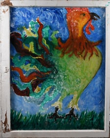 Folk Painted Chicken on Glass