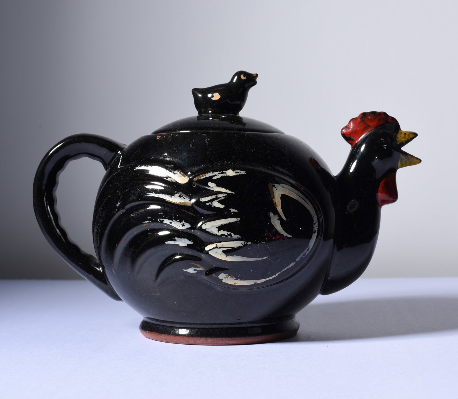 Redware Rooster Tea Pot: 8"x6" painted redware rooster teapot dating from around 1960
