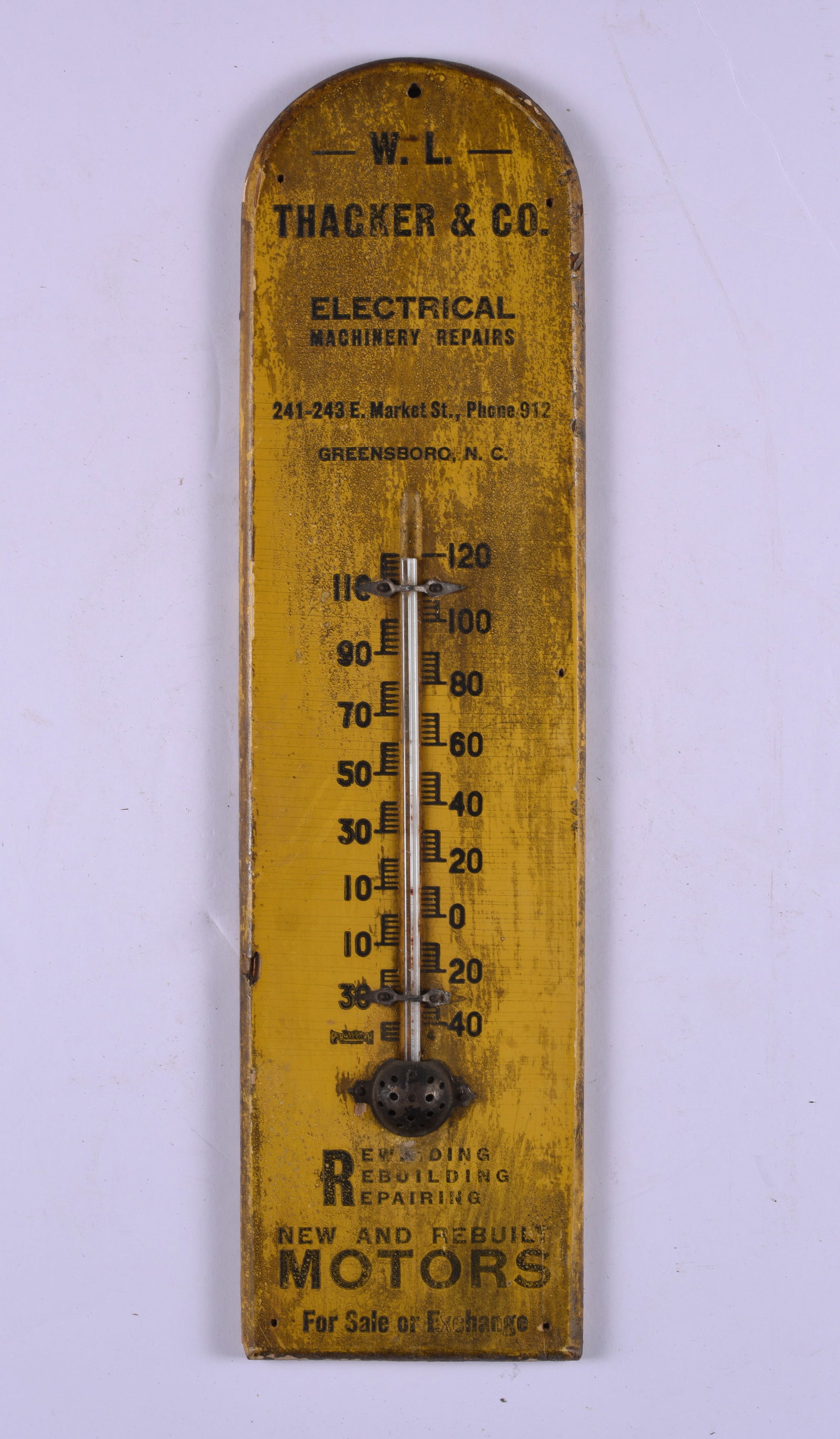 Greensboro North Carolina Wooden Advertising Thermometer: 4" x 14.5" WL Thacker and Co. Greensboro NC wooden thermometer.