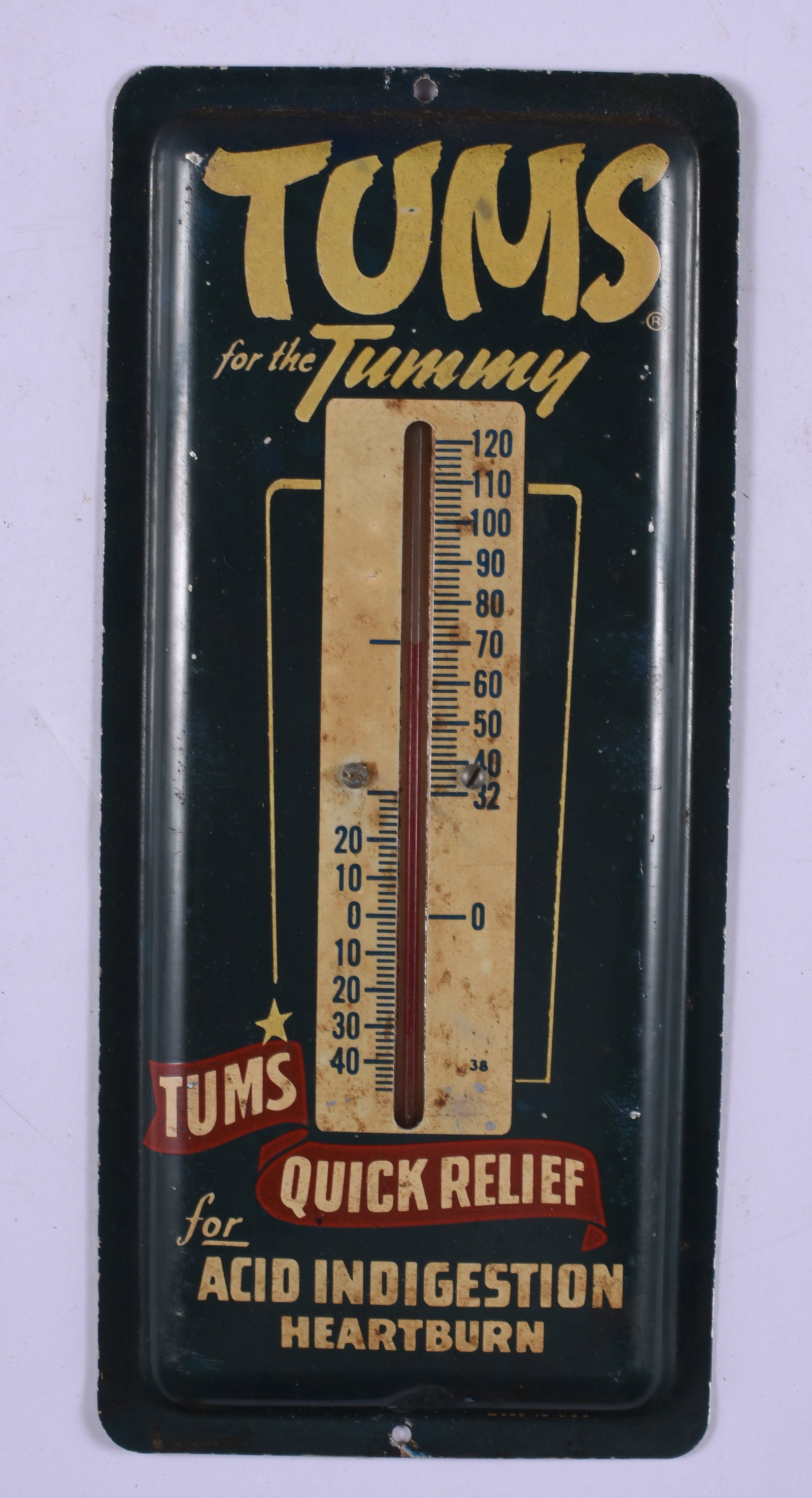 Tin Litho Tums Thermometer: 4" x 9" tin letho original paint.