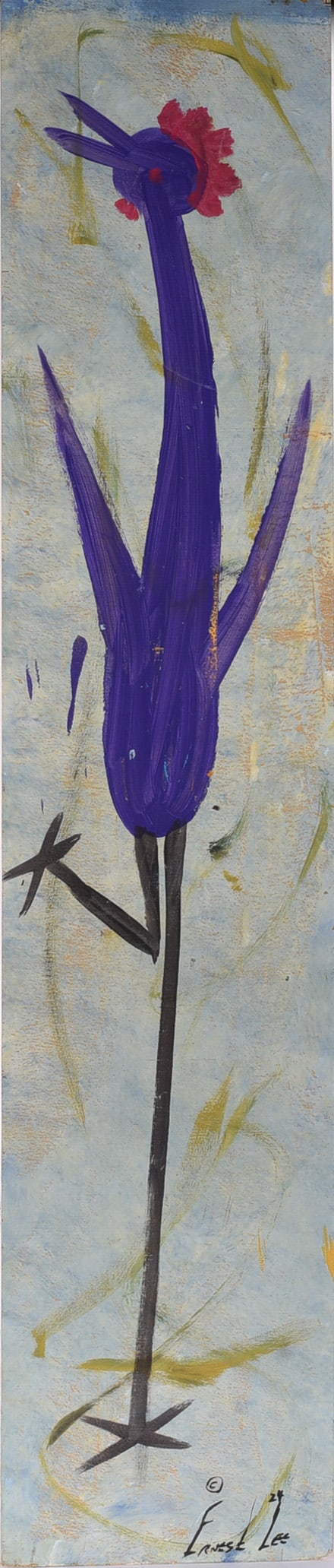 Ernest Lee Folk Painted Chicken: 10"x48" paint on wood board, signed. Ernest Lee also known as the chicken man. African American.