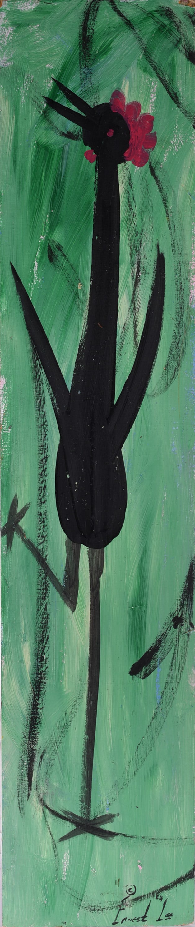 Ernest Lee Folk Painted Chicken: 10"x48" paint on wood board, signed. Ernest Lee also known as the chicken man. African American.