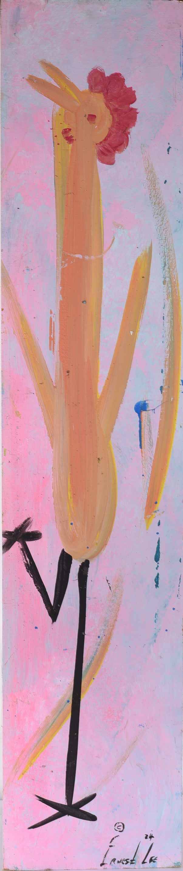 Ernest Lee Folk Painted Chicken: 10"x48" paint on wood board, signed. Ernest Lee also known as the chicken man. African American.