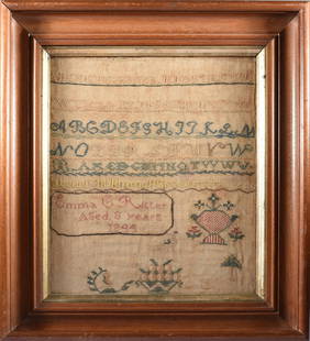 Antique Sampler Dated 1844: 15"x17" believed to be American and a local North Carolina sampler. Emma Ritter dated 1844. nicely framed.