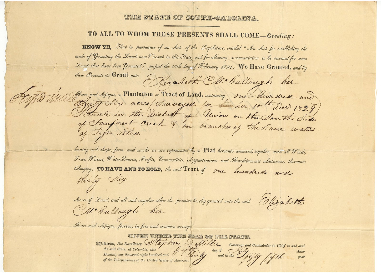 Mary Boykin Chesnut's Father Signs a Plantation Land Grant: MILLER, Stephen Decatur (1787-1838) was an American politician, who served as the 52nd Governor of South Carolina from 1828 to 1830. He represented South Carolina as a U.S. Representative from 1817 to