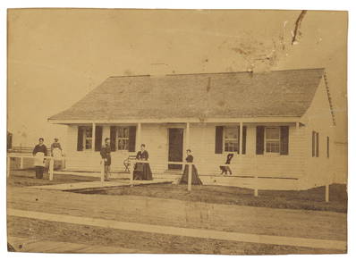 Civil War Photograph of ID'd Officer and Slaves: Albumen photograph 9&rdquo;x6-&frac12;&rdquo; depicting two Negro freed slaves, an Union officer and two other women. ID’d on verso in period manuscript pencil “Camp Grant Virginia. Joshua S. Flet