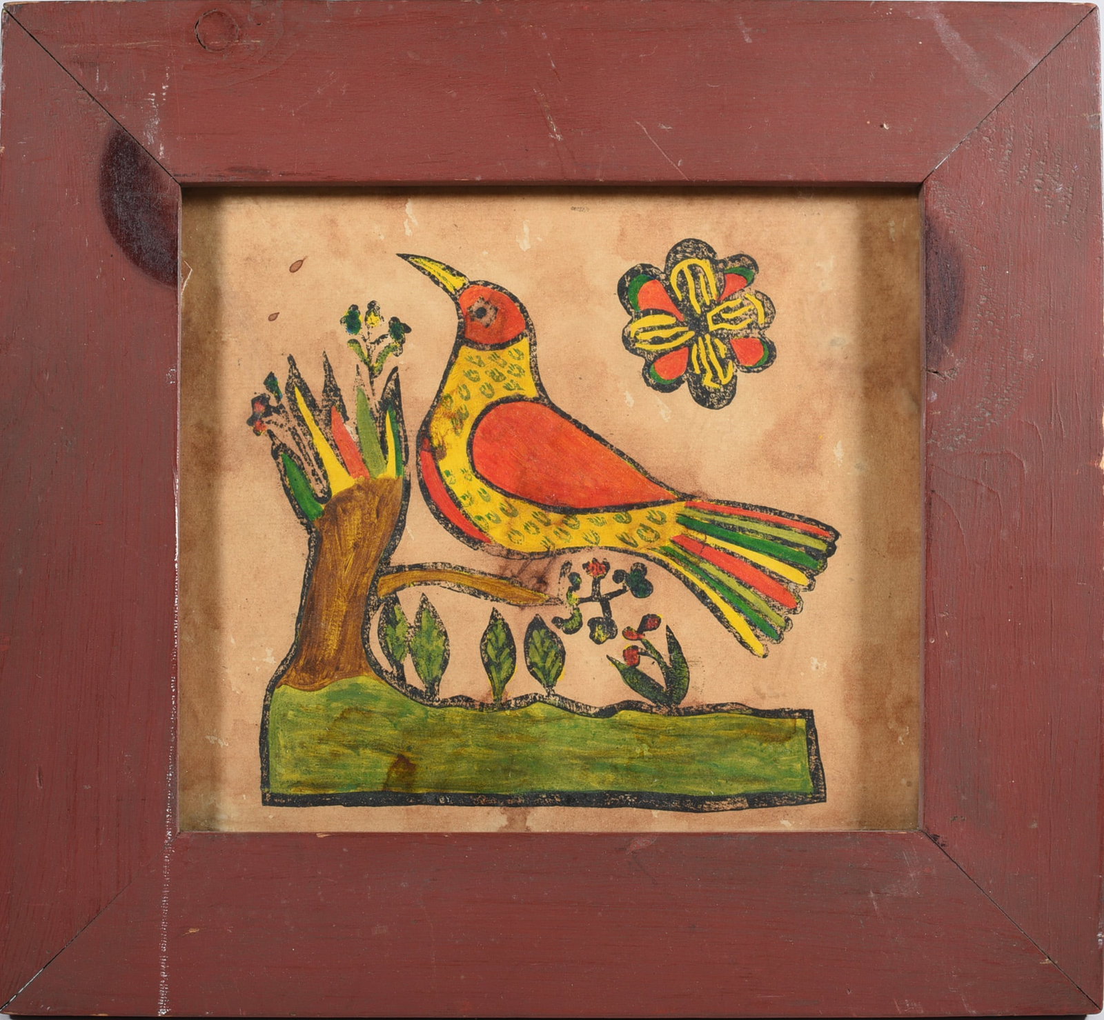 19th Century Painted Bird: 12"x11" paint on paper, framed