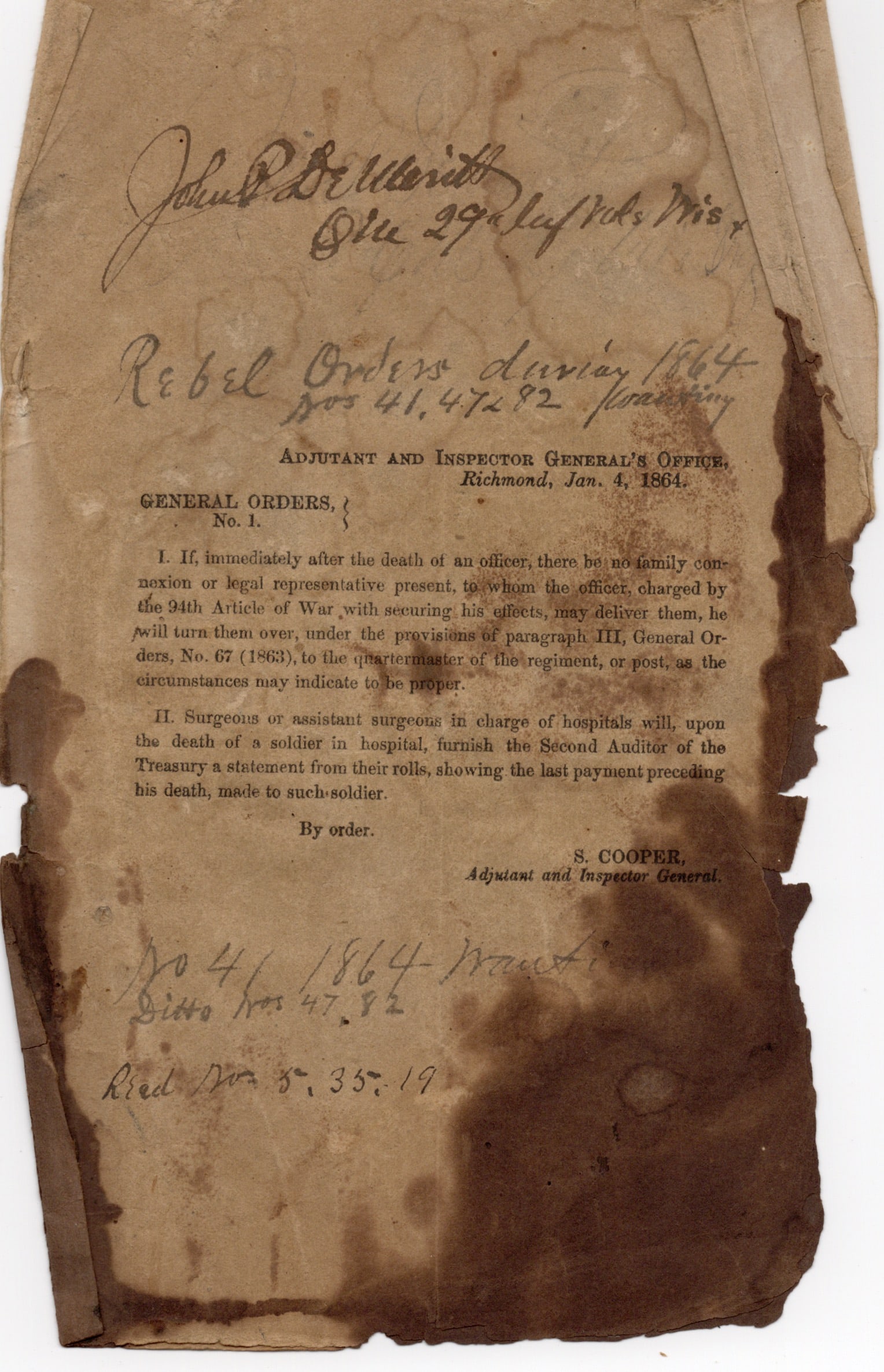 29th Wisconsin Volunteers Captured Confederate Orders: Confederate imprint “General Orders No. 1”, Richmond, Virginia, January 4, 1864, with autograph of “John P DeMeritt QM 29th Inf. Vols. Wis.” and added “Rebel Orders during 1864.&rdqu