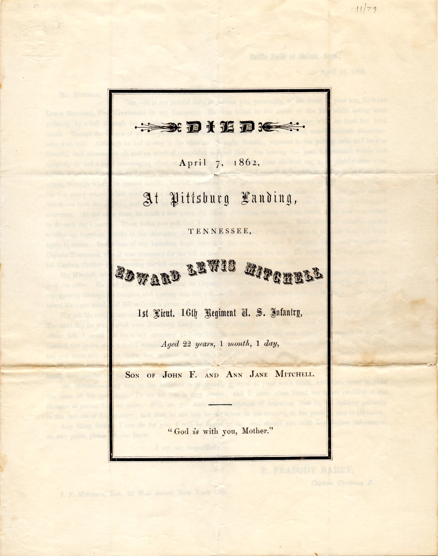 Shot in the Head at Shiloh: War-date memorial “DIED April 7, 1862, at Pittsburg Landing, Tennessee, Edward Lewis Mitchell 1st Lieut. 16th Regiment U.S. Infantry, Aged 22 years, 1 month, 1 day…” with mourning borders, 4
