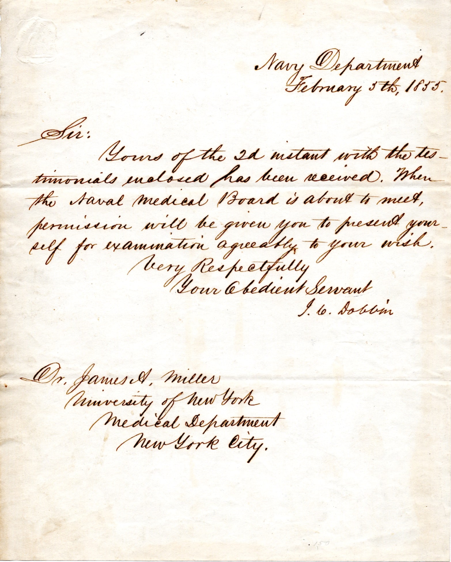 Secretary of the Navy ALS 1855: DOBBIN, James Cochran (1814-1857) was a nineteenth-century politician and lawyer who served as United States Secretary of the Navy from 1853 to 1857. Autograph Letter Signed “J.C