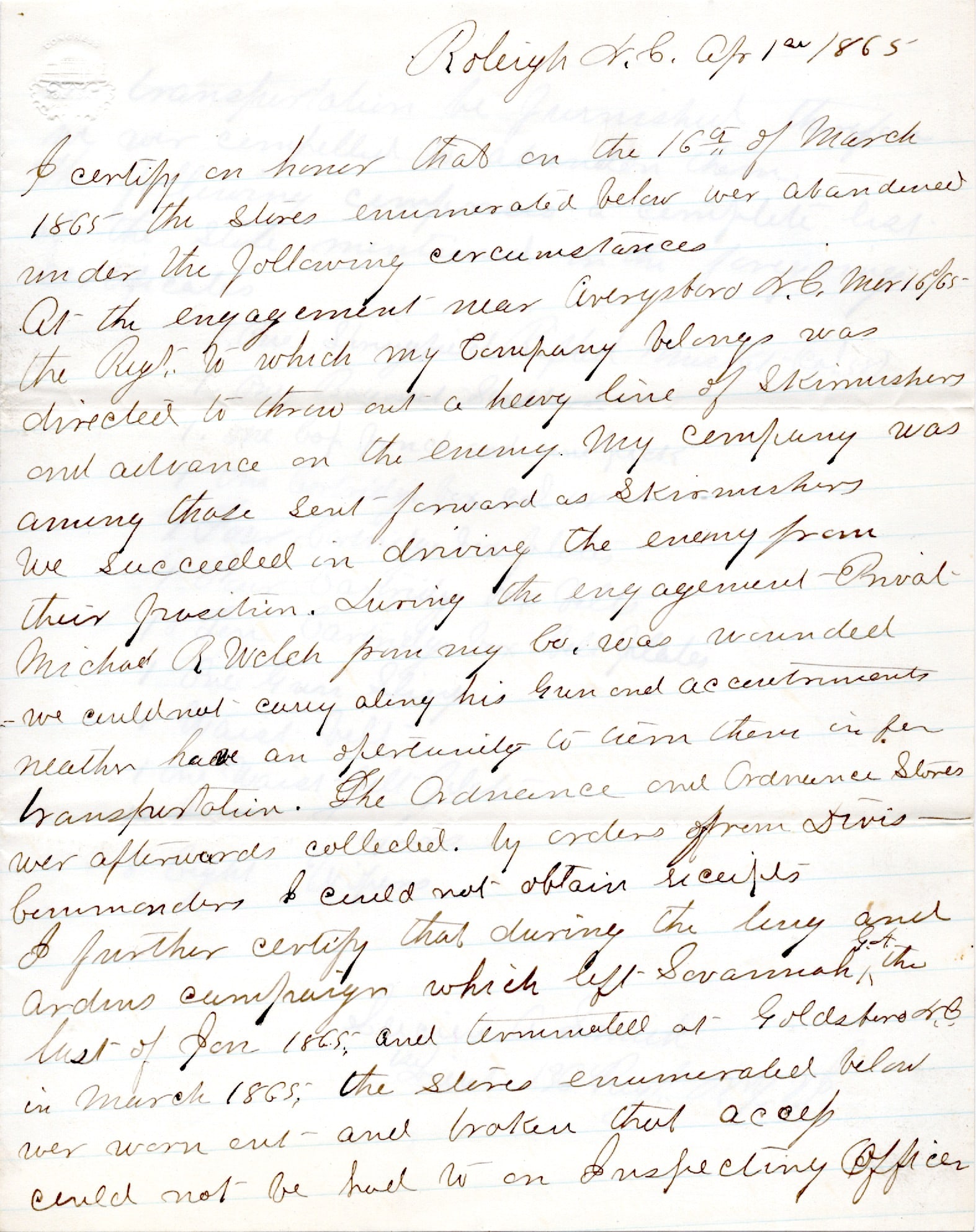 New York Officer Writes of the Battle of Averysboro: War-date Union Autograph Document Signed “Lucien A. Smith 1st Lieut. 136 Regt. N.Y.V.I.” 2pp. Quarto, Raleigh, North Carolina, April 1, 1865, recoding stores lost in action and reads in part: 