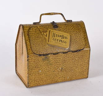 Hand Bag Tin Litho Cut Plug Tobacco Pale: 7" x 6" all items are from the Collection of Mary Wells. Antique collection and other collectibles. Please see photos for condition. Shipping will be done by a 3rd party shipping using live auctioneer