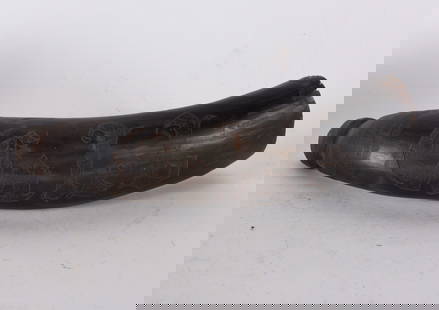 American Powder Horn Decorated ca. 1850: 3" x 9" all items are from the Collection of Mary Wells. Antique collection and other collectibles. Please see photos for condition. Shipping will be done by a 3rd party shipping using live auctioneer