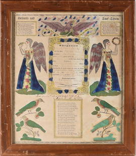 German Birth and Baptism Certificate ca. 1850: 16" x 19" all items are from the Collection of Mary Wells. Antique collection and other collectibles. Please see photos for condition. Shipping will be done by a 3rd party shipping using live auctione