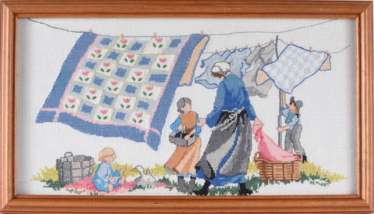 Needle Work Framed: 15" x 8" all items are from the Collection of Mary Wells. Antique collection and other collectibles. Please see photos for condition. Shipping will be done by a 3rd party shipping using live auctionee